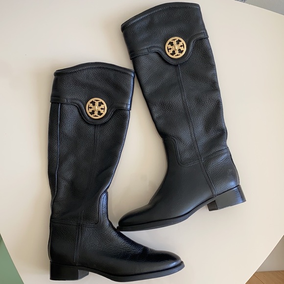Tory Burch Black Leather Gold Logo Tall Boots - Picture 2 of 11